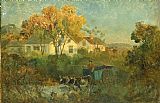 Edward Mitchell Bannister Famous Paintings - The Drinking Pool (man in cart with oxen at pool)